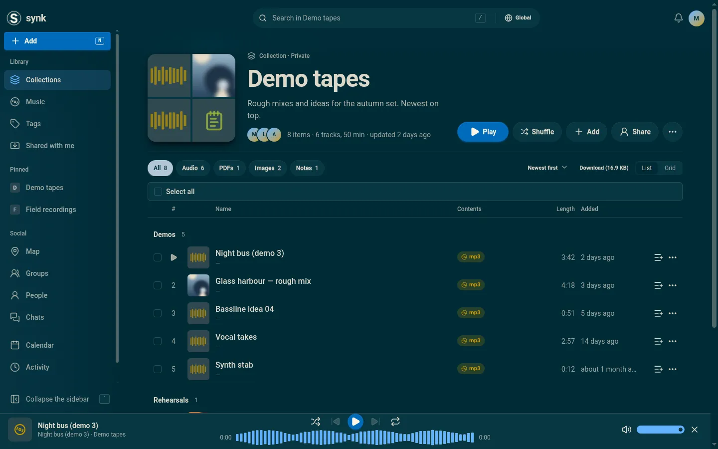 A collection in Synk, with a track in the player
